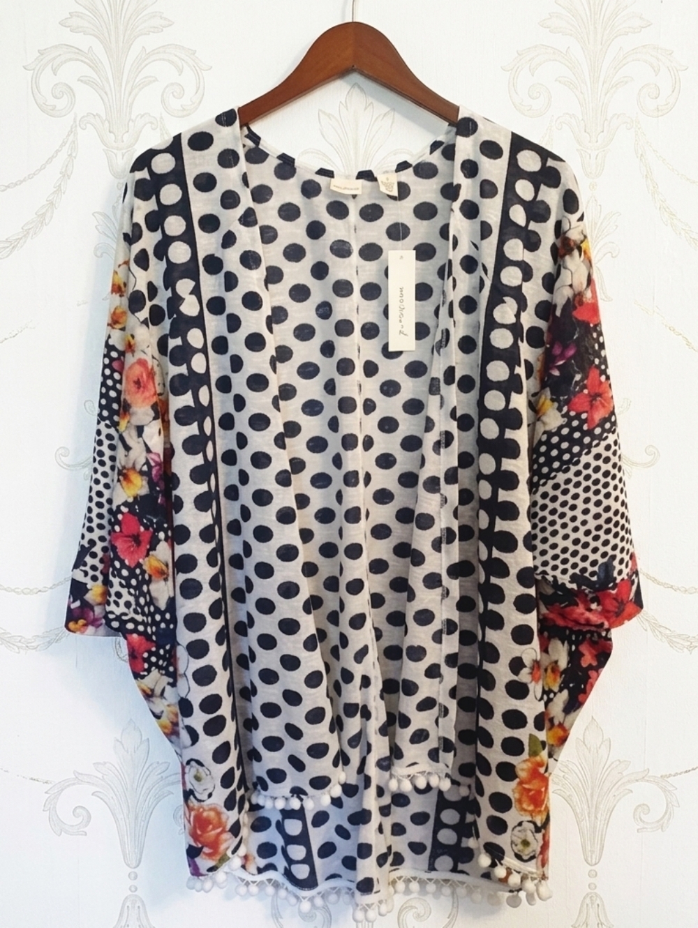 Westbound Open Front Kimono Cardigan with Pom-Pom Trim - Polka Dot & Floral